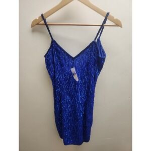 Laurence Kazar New York Royal Blue Beaded Sequin V Neck